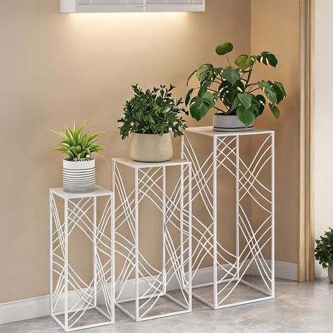 Porte-plantes coloris blanc en métal 30 x 30 x 70 cm (1/5)