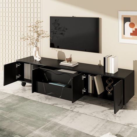 Meuble tv 180 cm noir avec pieds en bois et grand espace de rangement élégant (1/5)