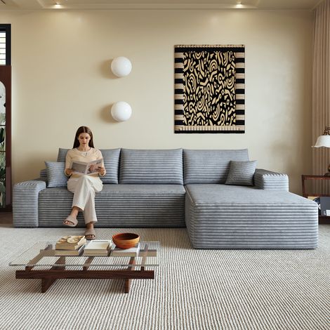 Modulares 3-Sitzer-Sofa aus Cordstoff mit rechter Ottomane, ohne Montage, Grau
