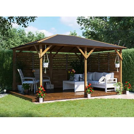 Dunster House Wooden Gazebo Kit Louvre Wall 4m x 3m Pressure Treated Garden Shelter Roof Shingles Utopia