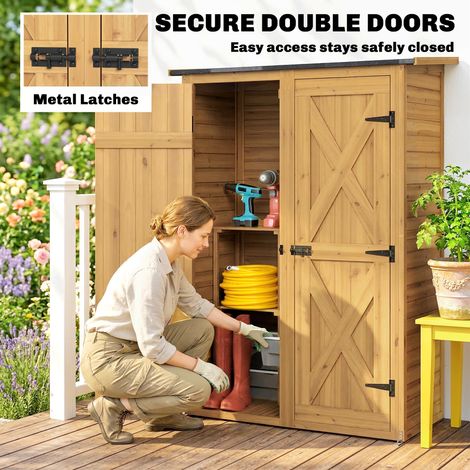 Abri de jardin en bois marron, cabanon de rangement pour outils avec 2 étagères