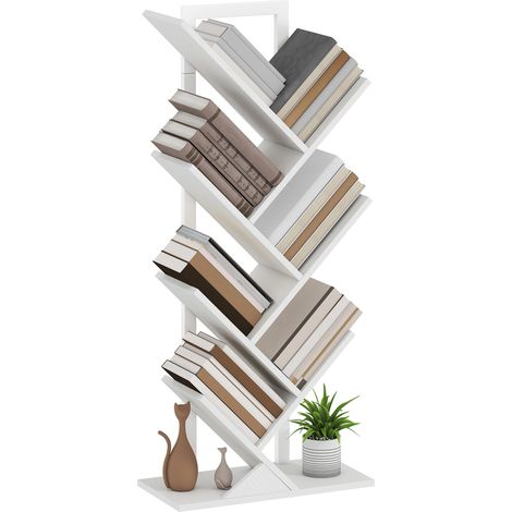 Bibliothèque en forme d'arbre à 7 étagères avec système anti-basculement, idéale pour le salon ou la chambre, 50 x 24 x 109 cm, blanche. (1/5)
