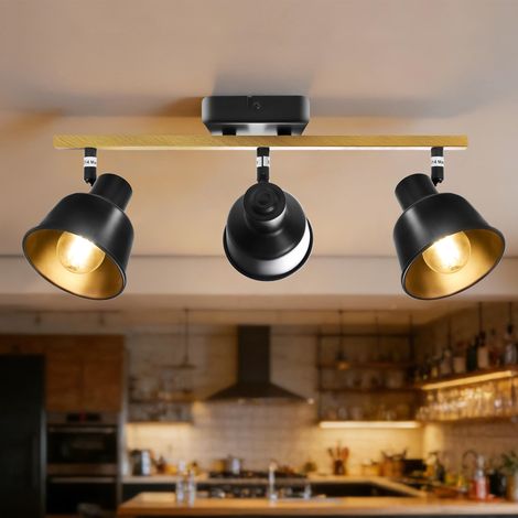 Spot de Plafond 3 Ampoules, Pivotant 350°, Plafonnier Vintage Plafonnier LED, Douille E14 Lampe Industrielle Grain de Bois pour Cuisine, Salon, Chambre, Noir (Ampoule Non Incluse) (1/5)