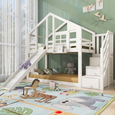 Cama litera infantil casita blanca 90x200 cm de madera con tobogán, escalera con almacenaje, barrera anticaída y 2 somieres (1/5)