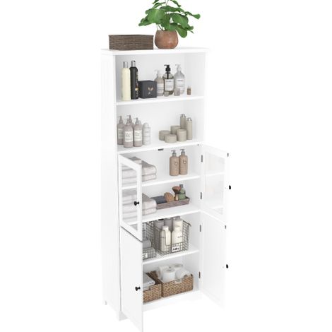 Armoire haute salle de bain blanche 57,4x160cm, portes vitrée et bois