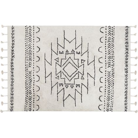 Alfombra de algodón blanco crema negro 160 x 230 cm geométrico borlas Khouribga