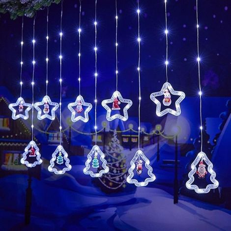 Rideau Lumineux Noël 3m Guirlande Rideau Lumineux Fenêtre Intérieur USB Blanc Froid 10 Anneaux avec Figurine Noël 3D Lumières Décoration Chambre Maison Fête (1/5)