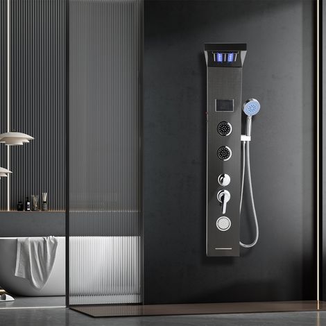 Wolketon Colonna doccia nera in acciaio inox 304, cascata e 6 getti a pioggia