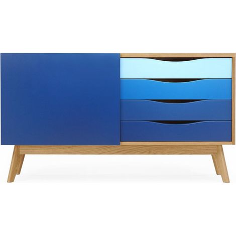 Buffet 4 Tiroirs & 1 Porte "Avon" 128cm Chêne & Bleu Foncé (1/5)