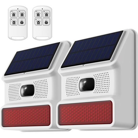 Lot de 2 sirènes d alarme d extérieur solaires sans fil 110dB avec stroboscope LED et détecteur de mouvement Compatible système Hapippofa (1/5)
