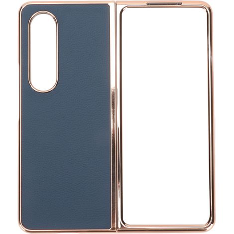 Étui en cuir de vachette véritable nano-électroplaqué avec un motif ciel pour téléphones pliables Samsung Galaxy Z Fold 4 résistant aux rayures et protecteur, de couleur bleue. (1/5)
