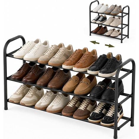 Rangement à Chaussures Extensible en Métal Porte‑Chaussures 3 Niveaux Réglable 45‑80 cm Gain de Place pour Entrée, Placard (1/5)
