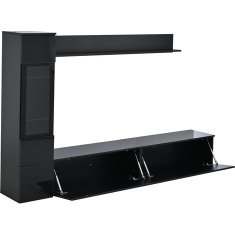 Ensemble meuble TV 3 pièces avec éclairage LED, finition noire brillante, meuble TV, vitrine et étagère murale (1/5)