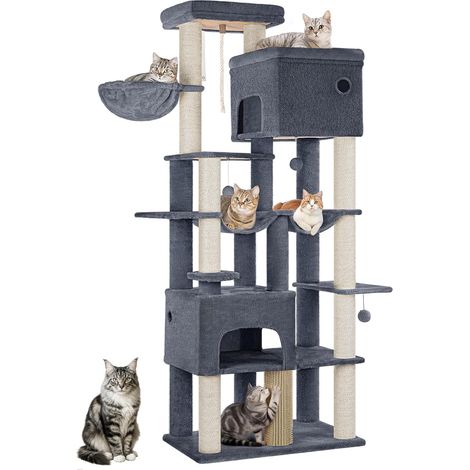 Arbre à Chat, XL, Grand Tour à Chat de 185 cm de Haut, avec 10 Griffoirs, 2 Plateformes Géantes, 2 Niches, 2 Hamacs, Pompons, Panier, pour Maine Coon, Gris Foncé