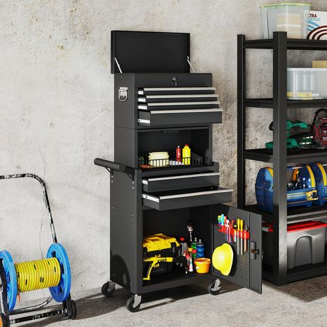 Servante d'atelier en acier verrouillable. chariot à outils sur roulettes 3 en 1 avec 6 tiroirs et panneau perforé. noir