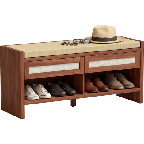 HOMCOM Shoe Bench with 2 Rattan Drawers Cushion Brown (1/5)