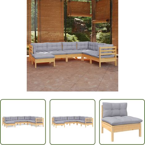 Terrassensofa - 7-tlg. Garten-Lounge-Set mit Grauen Kissen Kiefer Massivholz (1/5)