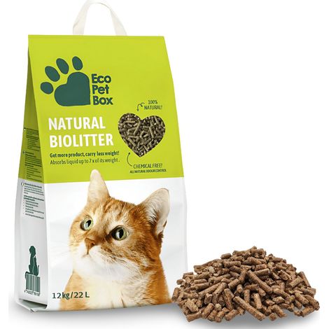 Bio Katzenstreu Pellets 22 L natürliches Einstreu 100% biologisch aus Heu, kompostierbar Öko Streu für Katzen, extrem saugfähig und geruchsbindend 4x 3kg (1/5)