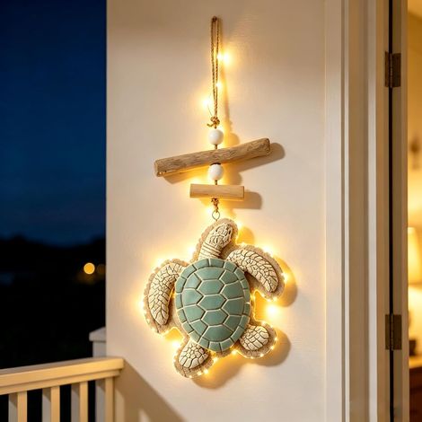 Déco murale suspendue tortue marine lumineuse – Thème plage, LED – Idéale pour salle de bain, salon, chambre et maison de plage – Ambiance côtière chaleureuse-Vert (1/5)