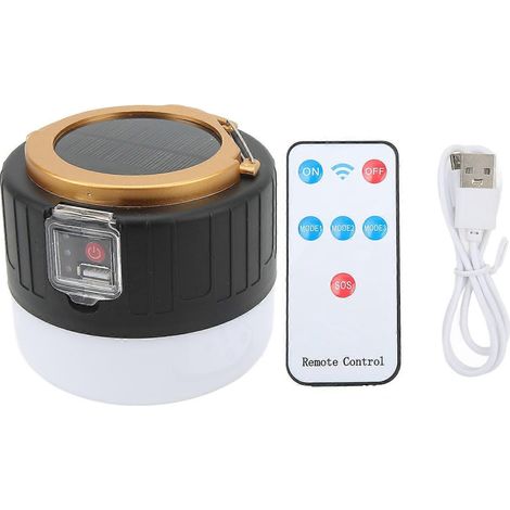 Lampe solaire de camping à trois modes, rechargeable par USB, LED lumineuse pour tente, idéale pour les situations d'urgence en extérieur, noir et or. (1/5)