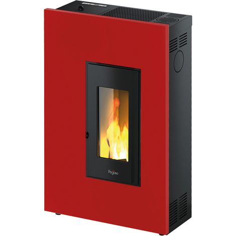 Poêle à granulés 5,2 kW – Habillage métallique rouge – Évacuation des fumées arrière – Pour 125 m³ – Classe énergétique flamme verte – Pegaso
