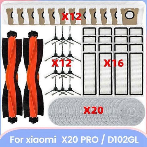 Pièces détachées pour aspirateur robot X20 PRO / D102GL : rouleau principal, brosses latérales, filtres HEPA, lingette de nettoyage, sacs à poussière. (1/5)