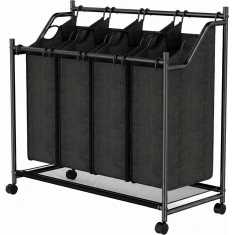 Panier à linge sur roulettes 108 L avec poignée et 4 compartiments, bac de rangement du linge noir, pratique pour trier le linge dans la buanderie (1/5)