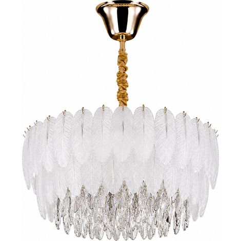 Lustre Plume Cristal D40, Suspension Plafond Dorée E14 pour Chambre, Salon et Salle à Manger