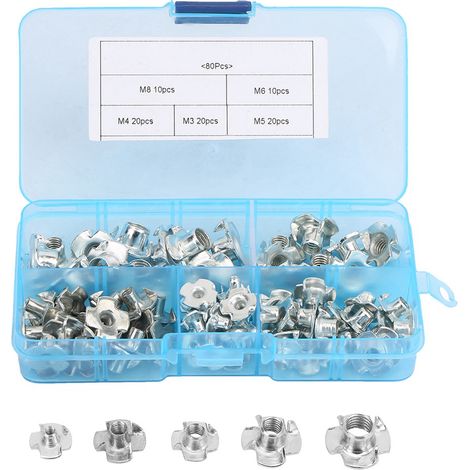 80pcs Carbon Steel T Nut Four Pronged M3/4/5/6/8 Tee Nuts Kits For Woodworking Furniture
