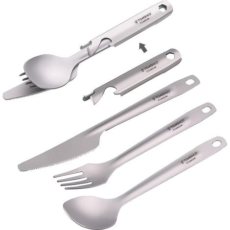 TOMSHOO 4-in-1 Leichtes Titan-Besteckset: Löffel, Gabel und Multifunktionsmesser für Mahlzeiten