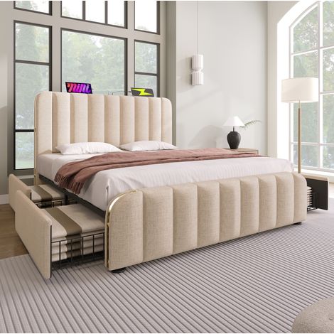 Lit double rembourré moderne 160x200 cm en lin beige avec tête de lit USB/Type-C, 4 tiroirs, sommier à lattes (1/5)