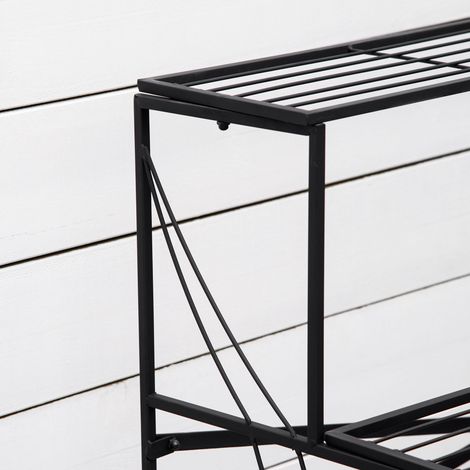 Étagère à plantes en fer forgé noir, 3 niveaux, support décoratif pour pots de fleurs extérieur.