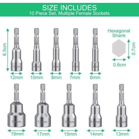 [NON UTILIZZATO] Set di 10 bussole esagonali magnetiche (6/7/8/10/12/13/14/15/17/19 mm) per trapani manuali e avvitatori elettrici
