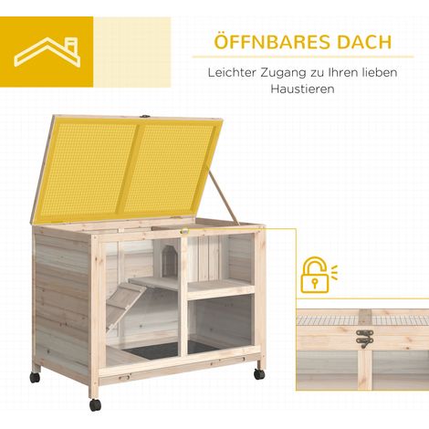 Cage pour petits animaux 2 niveaux 4 roues bois de sapin scellé naturel (1/4)