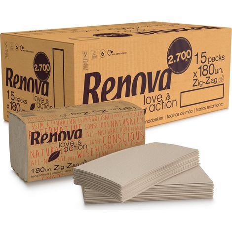 Renova Asciugamani Zig-Zag Love&Action 15 confezioni da 180 pezzi 2.700 pezzi Carta Kraft ecologica a 2 strati Certificato FSC & Ecolabel