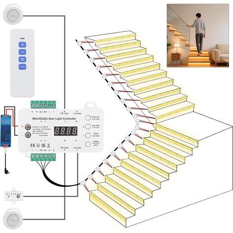 Éclairage d’escalier intelligent à détecteur de mouvement, 20 marches, LED COB 3000K, éclairage progressif réglable, installation modulaire pour escalier intérieur (1/5)