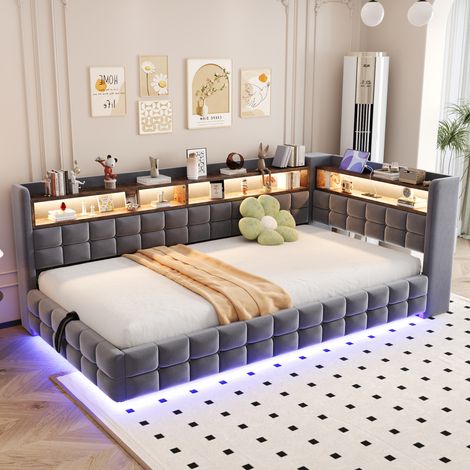 Cama/sofá cama multifuncional tapizada de 90 × 200 cm, con almacenamiento hidráulico, estante de madera, tira de luz LED, toma de corriente, puertos de carga USB y Tipo-C, somier de láminas, tapizado (1/5)