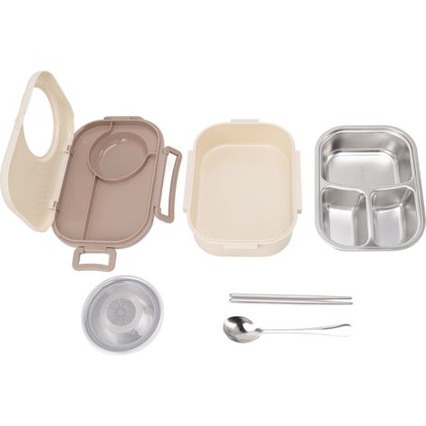 Boîte Bento Isotherme en Acier Inoxydable 1450ml, Compartiment Double pour Déjeuner - Idéale pour Étudiants, Couleur Beige (1/5)