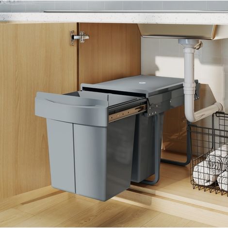 Poubelle encastrable coulissante 2x20 L grise OKMYHOME (1/5)