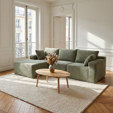 Canapé d’angle vert olive Full Mousse – Ultra Confort en Tissu Côtelé – 250 x 160 cm – Design Moderne et Cosy