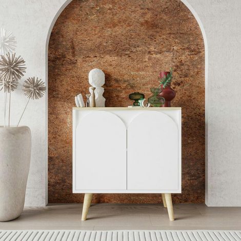 Petit buffet blanc 2 portes, plateau effet bois clair MARFA