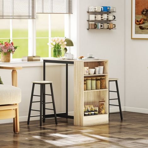 Table de bar avec 2 tabourets, rangement latéral, repose-pieds et format compact, style industriel noir, pour cuisine et salle à manger CHICFURN (1/5)
