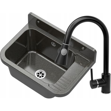 Évier Utilitaire Noir - 50x34x31 cm - Robinet Extractible - Polypropylène Résistant - Paron (1/5)