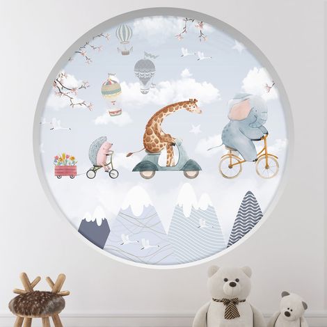 Stickers Trompe l'oeil Arche ronde Enfants - Animaux dans le ciel - Diamètre 30 cm (1/4)