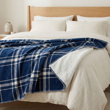 Plaid Coperta Scozzese Matrimoniale 210x230 - Doppio Lato Sherpa Agnello - Blu Bianco Morbido - Copriletto Plaid Divano