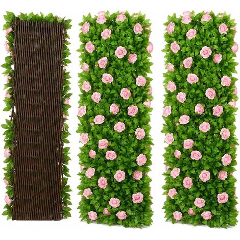 Gartenspalier mit Blättern, ausziehbare Spalierelemente für den Garten, künstliches Spalier mit Efeu und lila Blüten, künstlicher Zaun mit Efeu und lila Blüten (Rosen2) (1/5)