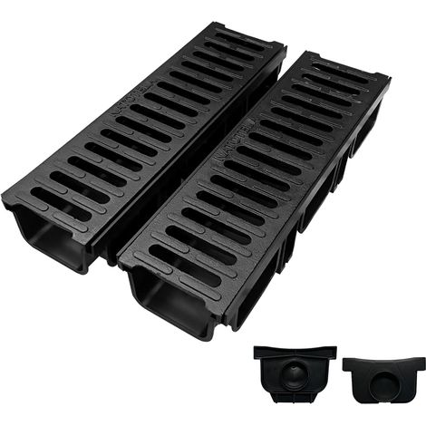 Lot de 2: 100x45x500 mm Caniveau extérieur de Drainage en PEHD avec Grille en Fonte, B125 caniveau terrasse en PEHD avec Grille en Fonte, pour l'allée, Le Jardin, la terrasse, Le Garage (1/5)