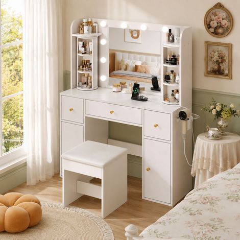 Coiffeuse avec miroir LED dimmable 115x40x142 cm-Organiseur à bijoux rotatif-USB-C-Porte-sèche-cheveux-3 tiroirs-Blanc (1/5)