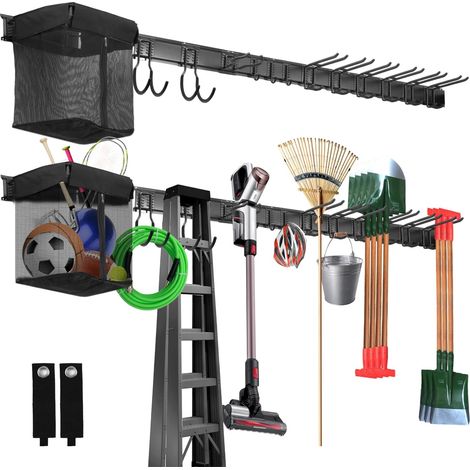 1 Support mural de rangement, 203 cm, avec 1 porte-sac tissu, 12 crochets, 2 sangles, pour outils jardin garage (1/5)