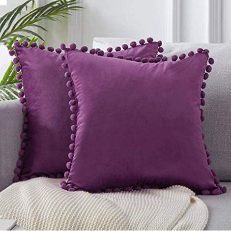Housse de Coussin en Taie d'oreiller Decorative Boule Fourrure Couleur 2 Pcs Velours Violet (1/5)